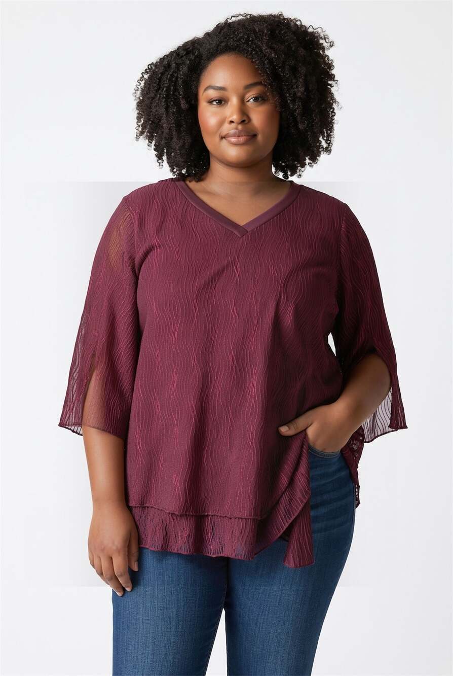 Timeson Metallic Burgundy V-Neck Blouse with Layered Hem Split Sleeves
